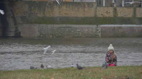 Kid is Sitting Holding a Bread Walking Foreward and Puts the Bread to a Ground Stock Footage 60434824