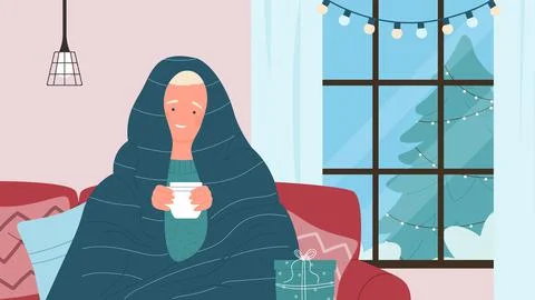 Kid sitting on sofa, warming up with hot drink and blanket, boy holding tea or Stock Illustration