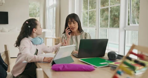 Kid, student and mother multitasking with phone call for distraction, discussion Stock Footage 318796834