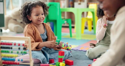 Kid, student and play with blocks in class for learning, problem solving and Stock Footage 306519648