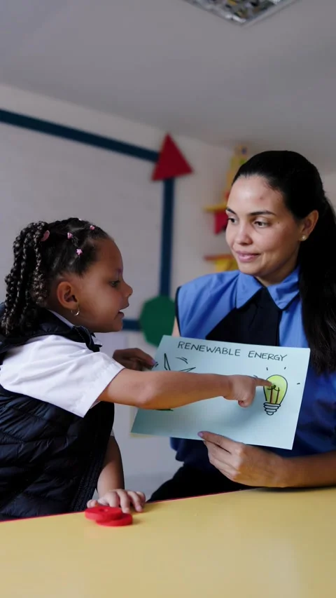 Kid student learn with teacher alternative renewable energy at kindergarten Stock Footage 276452245
