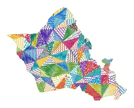 Kid style map of Oahu. Hand drawn polygons in the shape of Oahu. Vector ill.. Stock Illustration