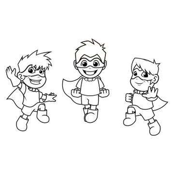Kid Super Heroes Flying Pose Outline Stock Illustration