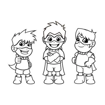 Kid Super Heroes Standing Pose Outline Stock Illustration