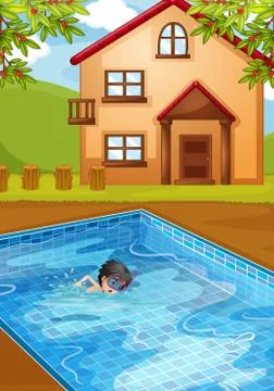 A kid swimming at the pool in the backyard 스톡 일러스트