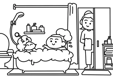 Kid take a bath with pet. Illustrazione stock