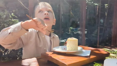 Kid take fun in restaurant. Stock Footage 273683818