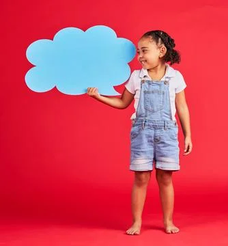 Kid, talking or speech bubble and ideas, opinion or vote on isolated red Stock Photos