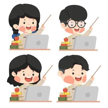 Kid Thai Teacher teaching with Computers set Ilustração Stock