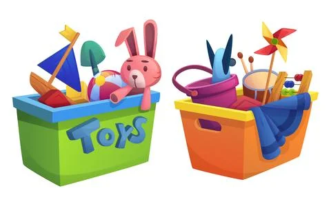 Kid toys in box - plastic container with plaything Stock Illustration