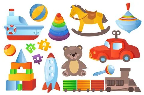 Kid toys set graphic elements in flat design. Bundle of ship, ball, children  イラスト素材