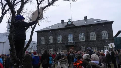 Kid in tree and crowd protesting Stock Photos