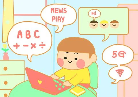 The kid use Desktop for learning illustration cartoon style. Ilustração Stock