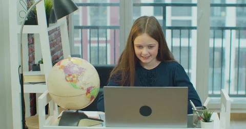 Kid Using Laptop Studying, Child Learning, Writing at Home, Schoolgirl in Stock Footage 148724793