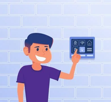 A kid using smart home control panel. Illustrazione stock