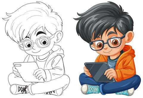 Kid Using Tablet Illustration 스톡 일러스트