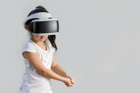 Kid with Virtual Reality, VR, Headset Studio Shot Isolated on White Backgro.. Stock Photos