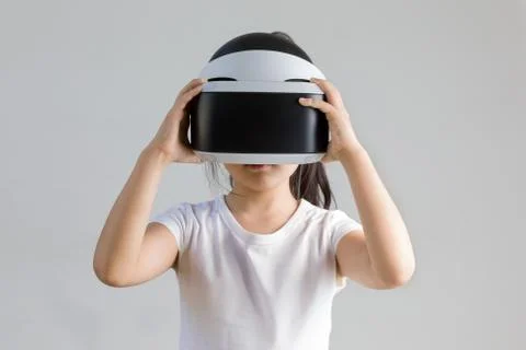 Kid with Virtual Reality, VR, Headset Studio Shot Isolated on White Backgro.. Stock Photos