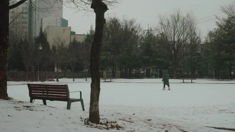 Kid walking in a park, snow falling. South Korea Stock Footage 261019455