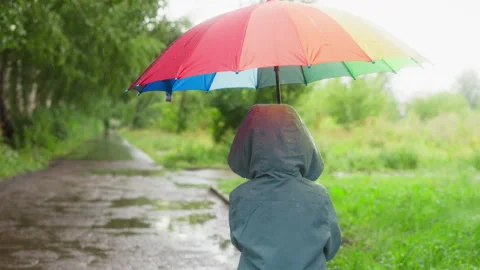 Kid wanders in rainy park with parasol Stockbeeldmateriaal 269681401