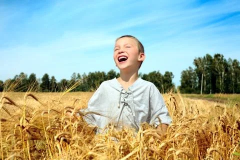 Kid in wheat field Foto stock