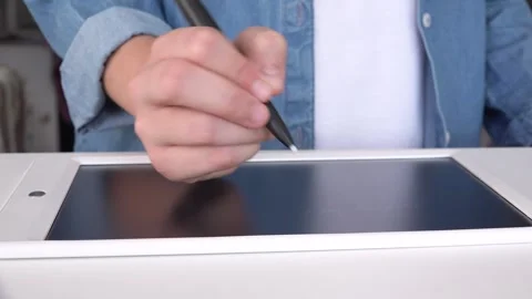 Kid Writing on Tablet, Child Writes Homework for School, Girl Hand Studying Stock Footage 345155273