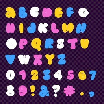 Kidcore style bubble font design, flat hand drawn alphabet letters and numbers Stock Illustration