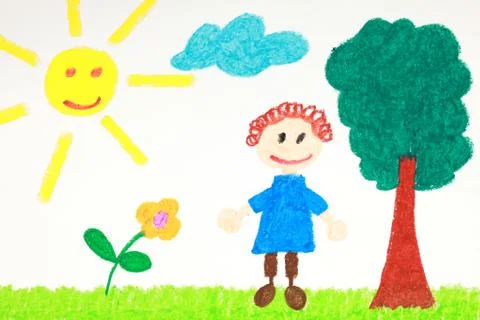 Kiddie style drawing of a flower, tree and child Stock Illustration