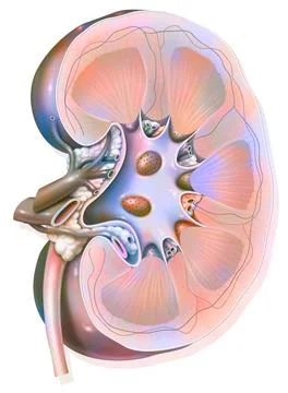 Kidney drawing Sagittal section of the left kidney with the renal arteries... Stock Photos