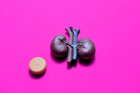 Kidney model with tablet on pink background highlighting renal anatomy, tre.. Stock Photos