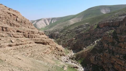 Kidron river valley. Panorama viewed from terrace of Great Lavra of St. Sabbas Stock Footage 148695855