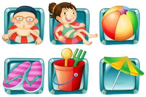 Kids and beach objects square badges Stock Illustration