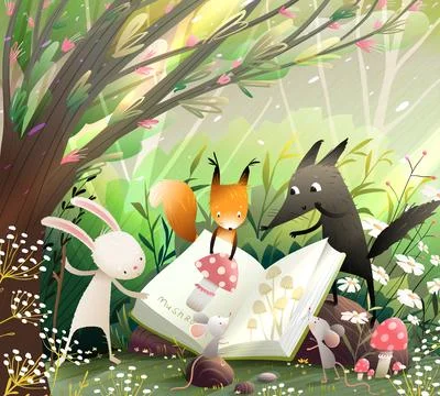 Kids Animals Read and Study Book in Forest Nature Stock Illustration