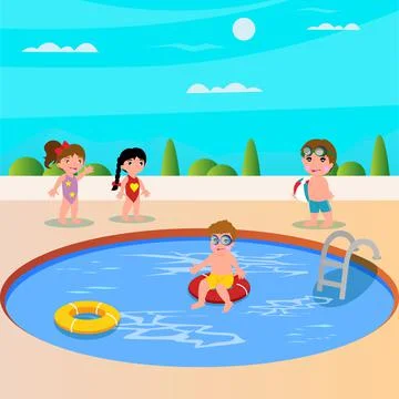 Kids are having fun at the pool. Cute children play at the pool Stock Illustration