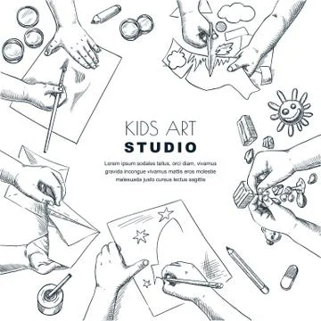 Kids art class work process. Vector top view sketch illustration of painting, Stock Illustration