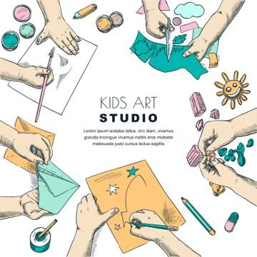 Kids art class work process. Vector sketch illustration of painting, drawing Stock Illustration