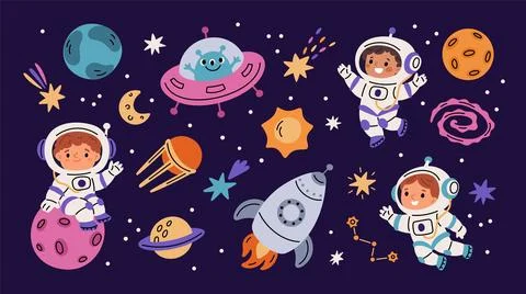 Kids astronauts and space elements. Little cosmonauts, funny children in Stock Illustration
