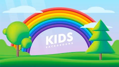 Kids background vector flat illustration. Fantastic landscape with rainbow on 库存插图