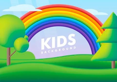 Kids background. Vector flat illustrations. Cute landscape with rainbow on gr 库存插图