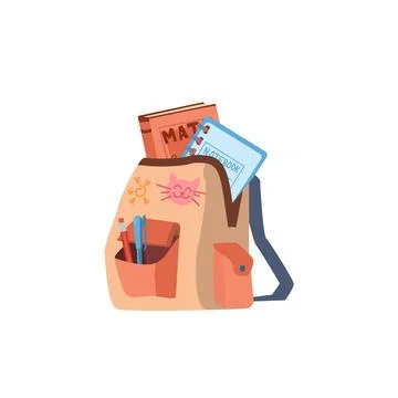 Kids backpack with math textbook, notebook and stationery inside, flat vector イラスト素材