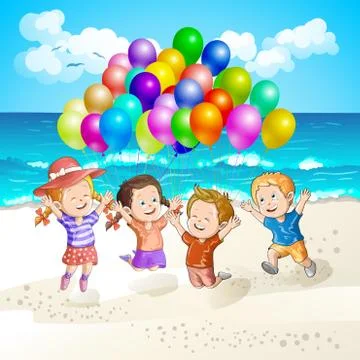 Kids with balloons at the beach Stock Illustration