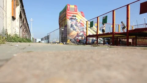 Kids on Beachside Trampolines Stock Footage 73602762