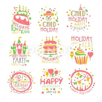 Kids Birthday Party Entertainment Promo Signs Set Of Colorful Vector Design Stock Illustration