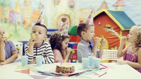 Kids birthday party in playroom Stock Footage