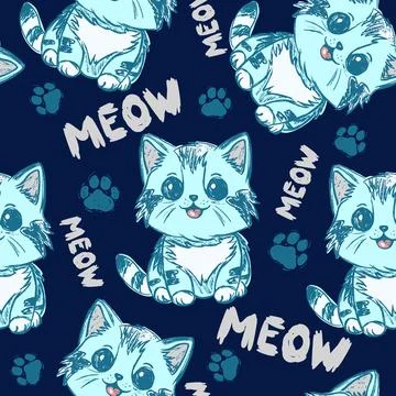 Kids blue kitten seamless pattern cute vector cat background Stockillustratie
