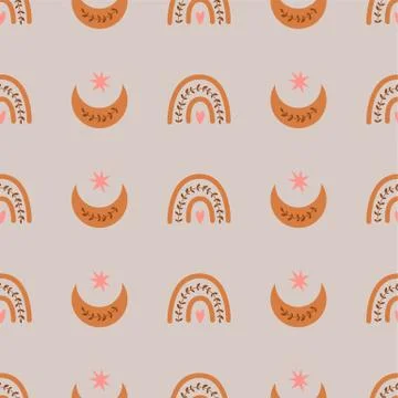 Kids boho rainbow pattern Cute simple pastel rainbows moon Baby boho background Stock Illustration