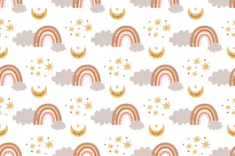 Kids boho rainbow pattern modern pastel rainbows moon clouds Baby boho Stock Illustration