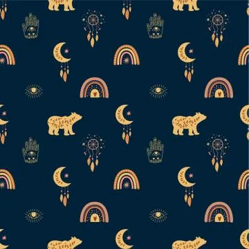 Kids boho seamless childish pattern Bohemian bear rainbows moon eye hamsa hand Ilustração Stock
