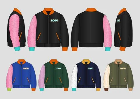 Kids Bomber Jacket Tech Pack with Front Back and Side Views Vector Illustrazione stock