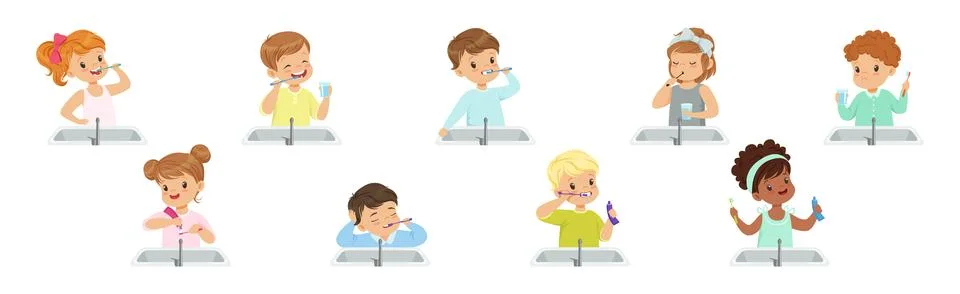Kids Brushing Teeth with Toothpaste and Toothbrush Vector Set Illustrazione stock